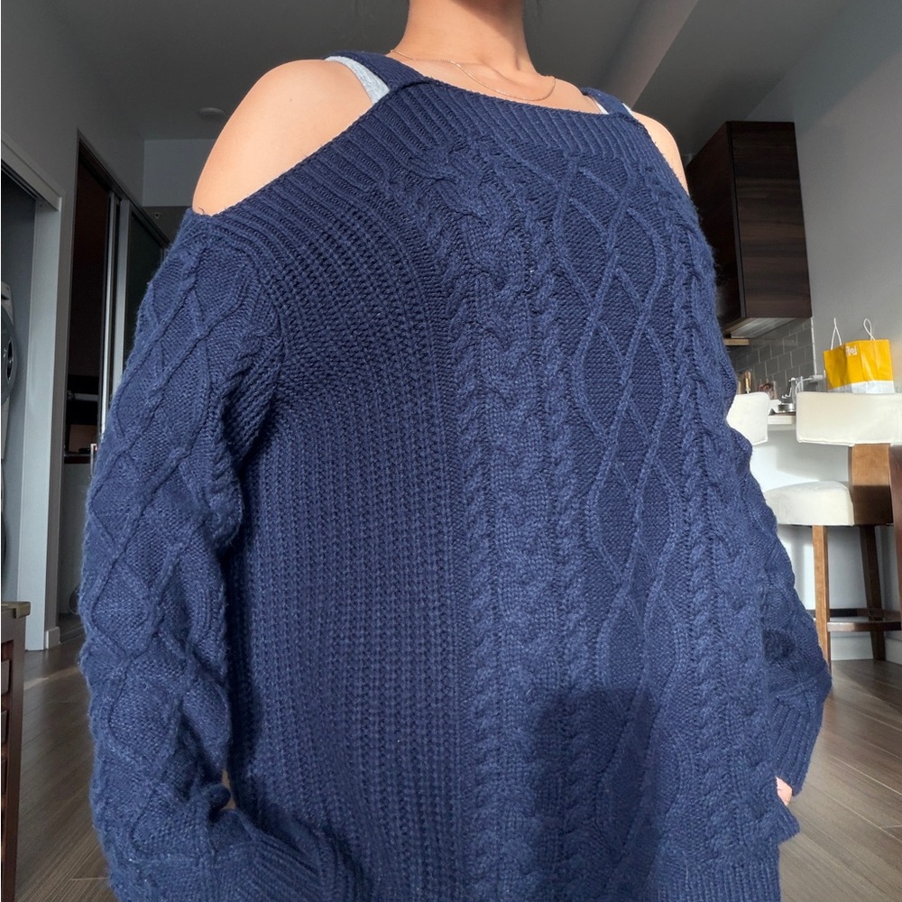 Navy Blue Cable Knit Cold Shoulder Sweater
